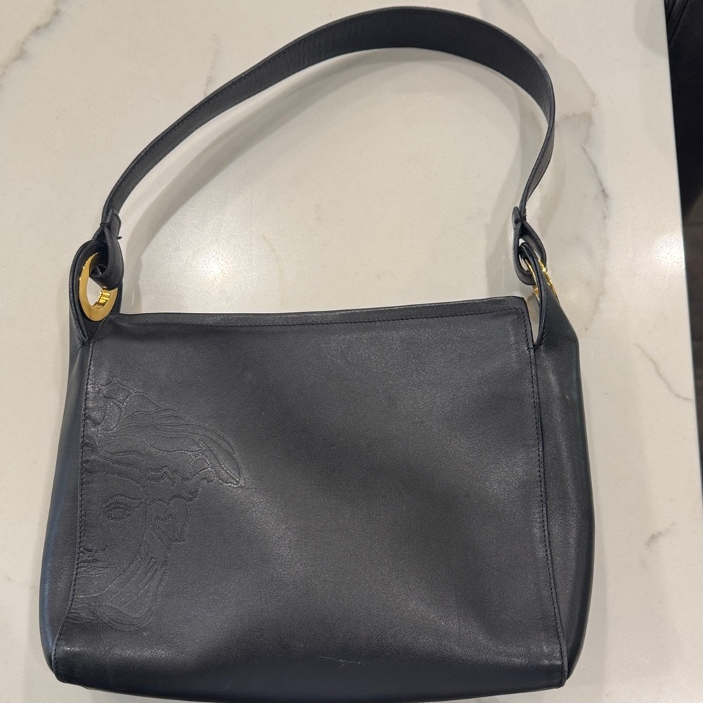 Vintage Versace Black Shoulder Bag with Gold Accents